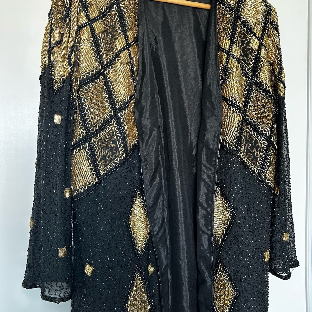 ✨ Vintage 80s Hand-Beaded Sequin Jacket | Black & Gold